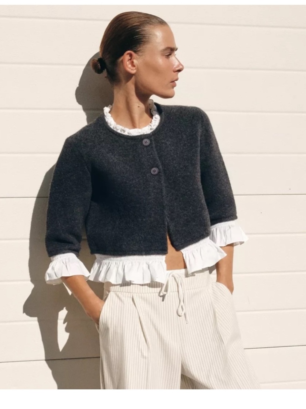 Zara Charcoal Cropped Wool Blend Cardigan with White Ruffle Trim Sz S